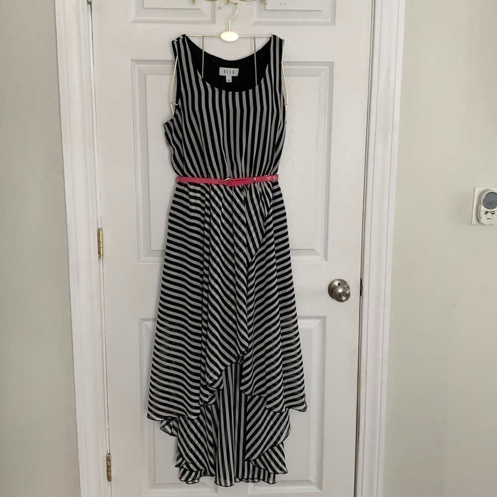 Elle Black and White Striped Sleeveless High-Low Dress with Pink Belt
